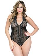 Crotchless lace teddy with rhinestones, plus size